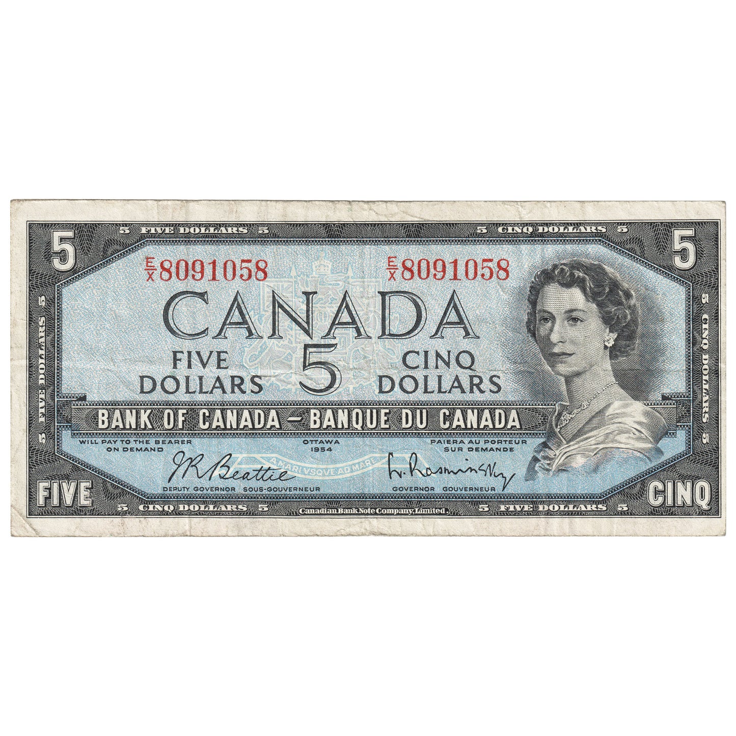 BC-39b 1954 Canada $5 Beattie-Rasminsky, E/X, Fine (F12)