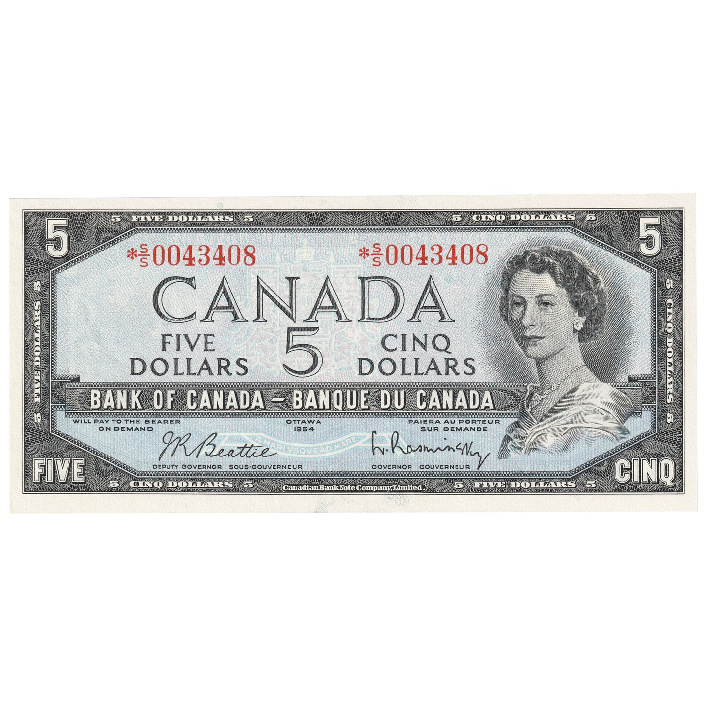 BC-39bA 1954 Canada $5 Beattie-Rasminsky, *S/S, Uncirculated (MS60)