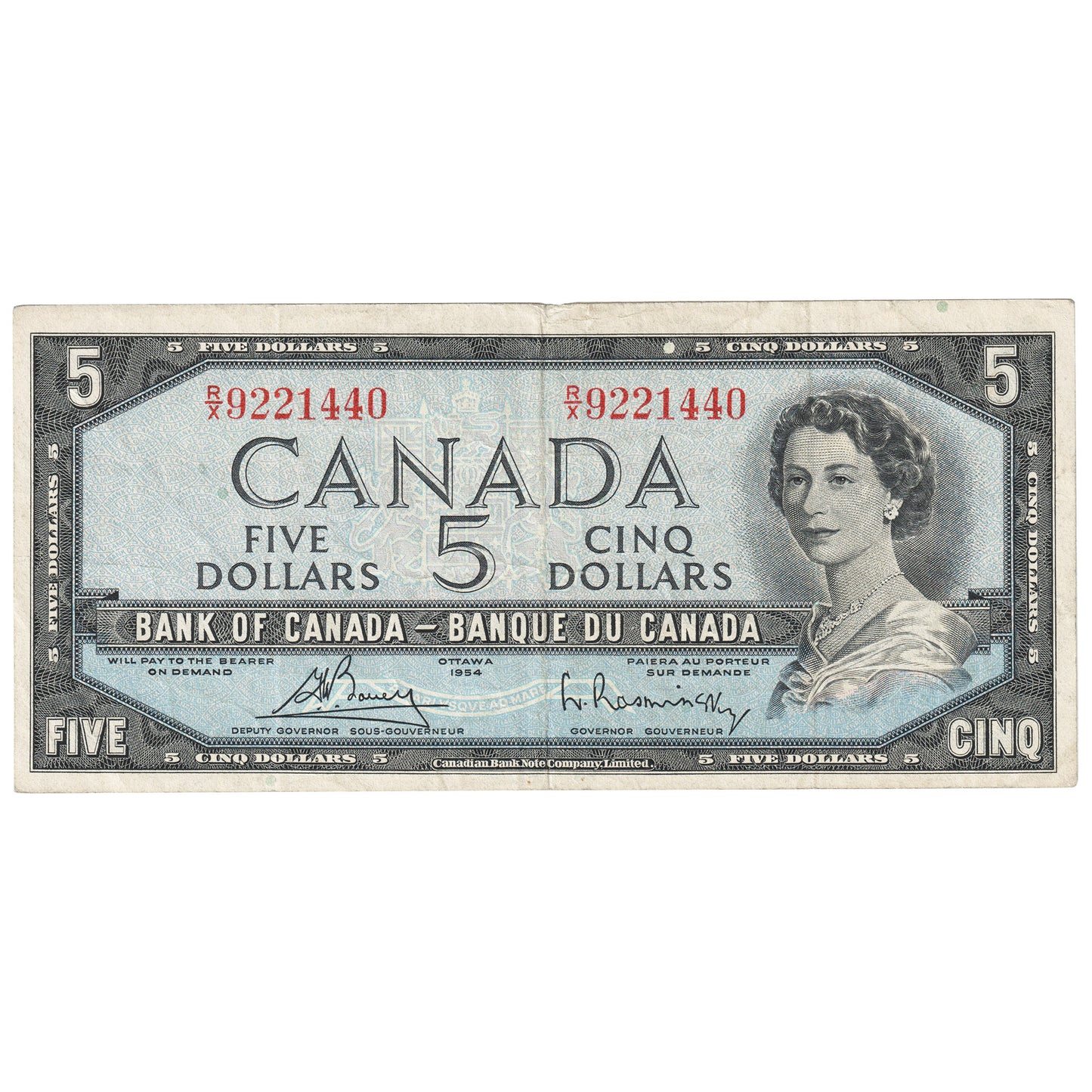 BC-39c 1954 Canada $5 Bouey-Rasminsky, R/X, F-VF (F15)