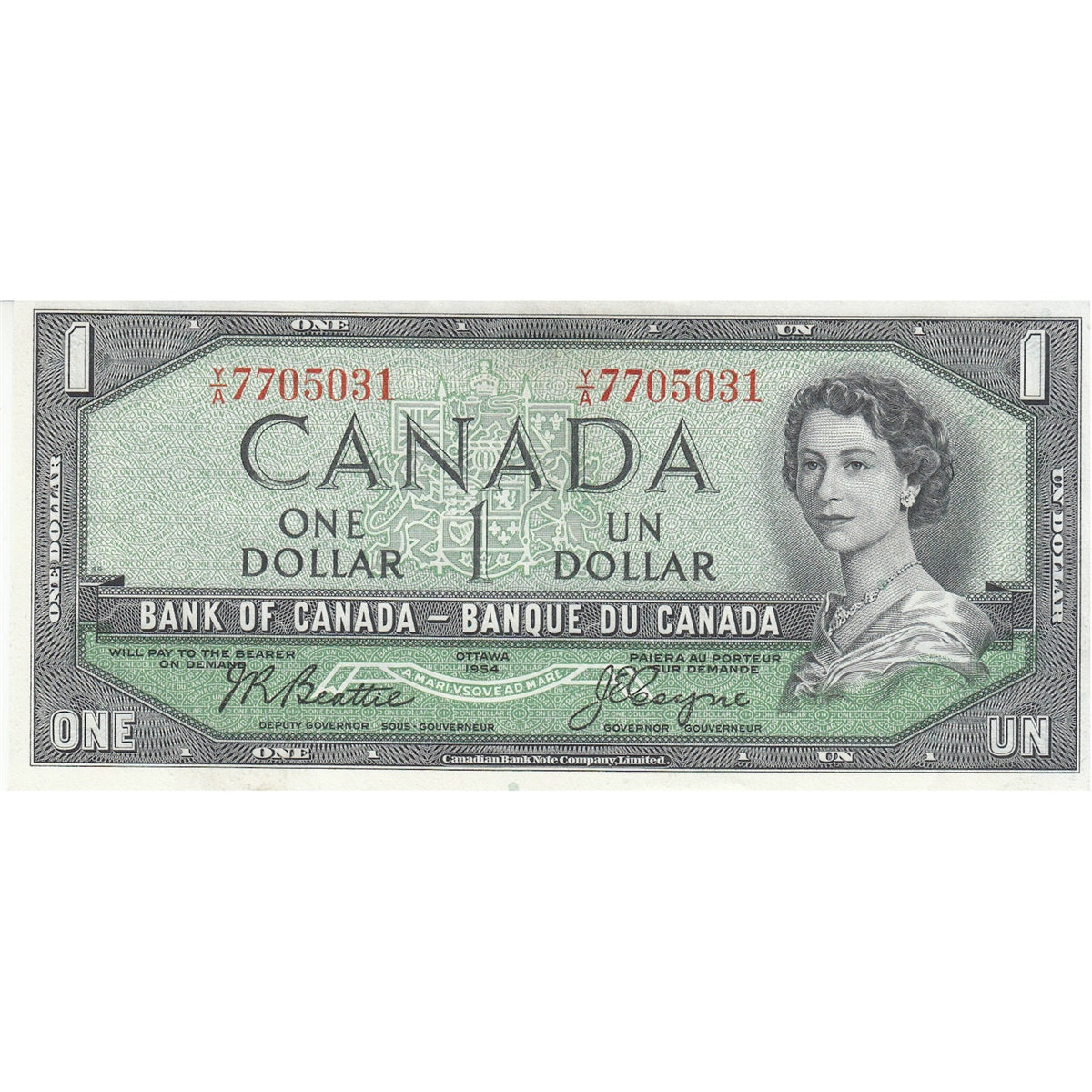 BC-37a 1954 Canada $1 Beattie-Coyne, Y/A, Almost Uncirculated (AU50)