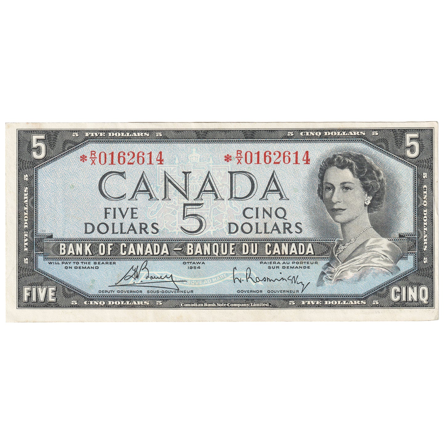 BC-39cA 1954 Canada $5 Bouey-Rasminsky, *R/X Below 0.36M, Almost Uncirculated (AU50)