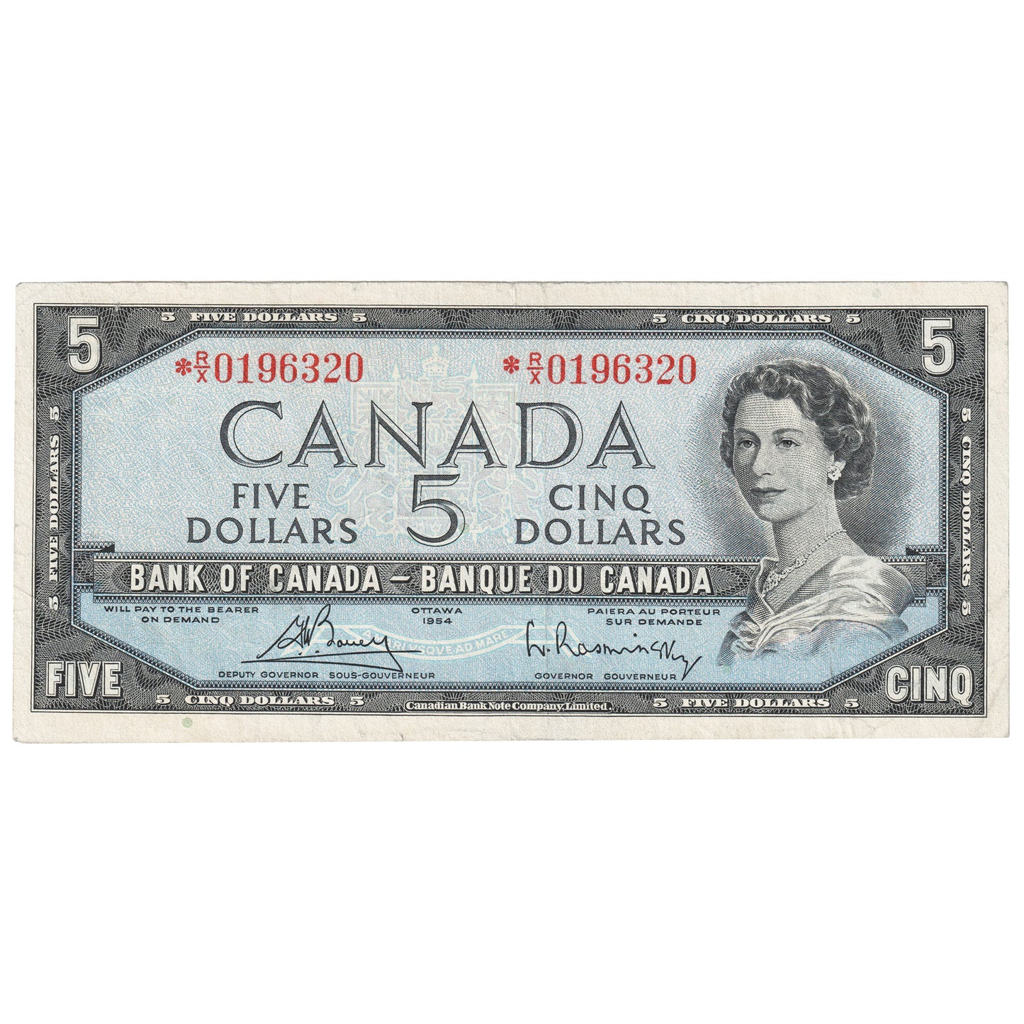 BC-39cA 1954 Canada $5 Bouey-Rasminsky, *R/X Below 0.36M, F-VF (F15)