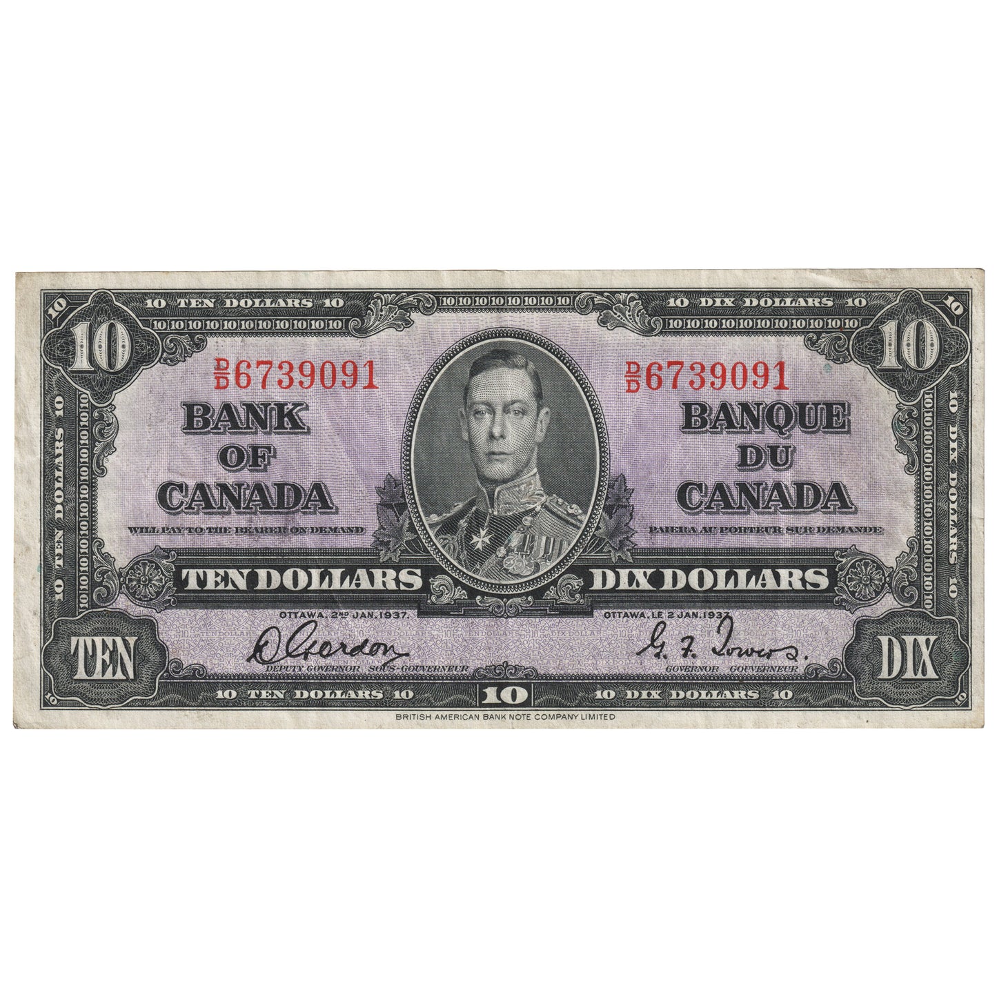 BC-24b 1937 Canada $10 Gordon-Towers, D/D, VF-EF