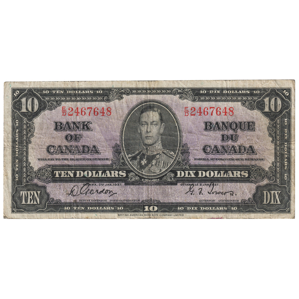 BC-24b 1937 Canada $10 Gordon-Towers, E/D, VG-F (VG10)