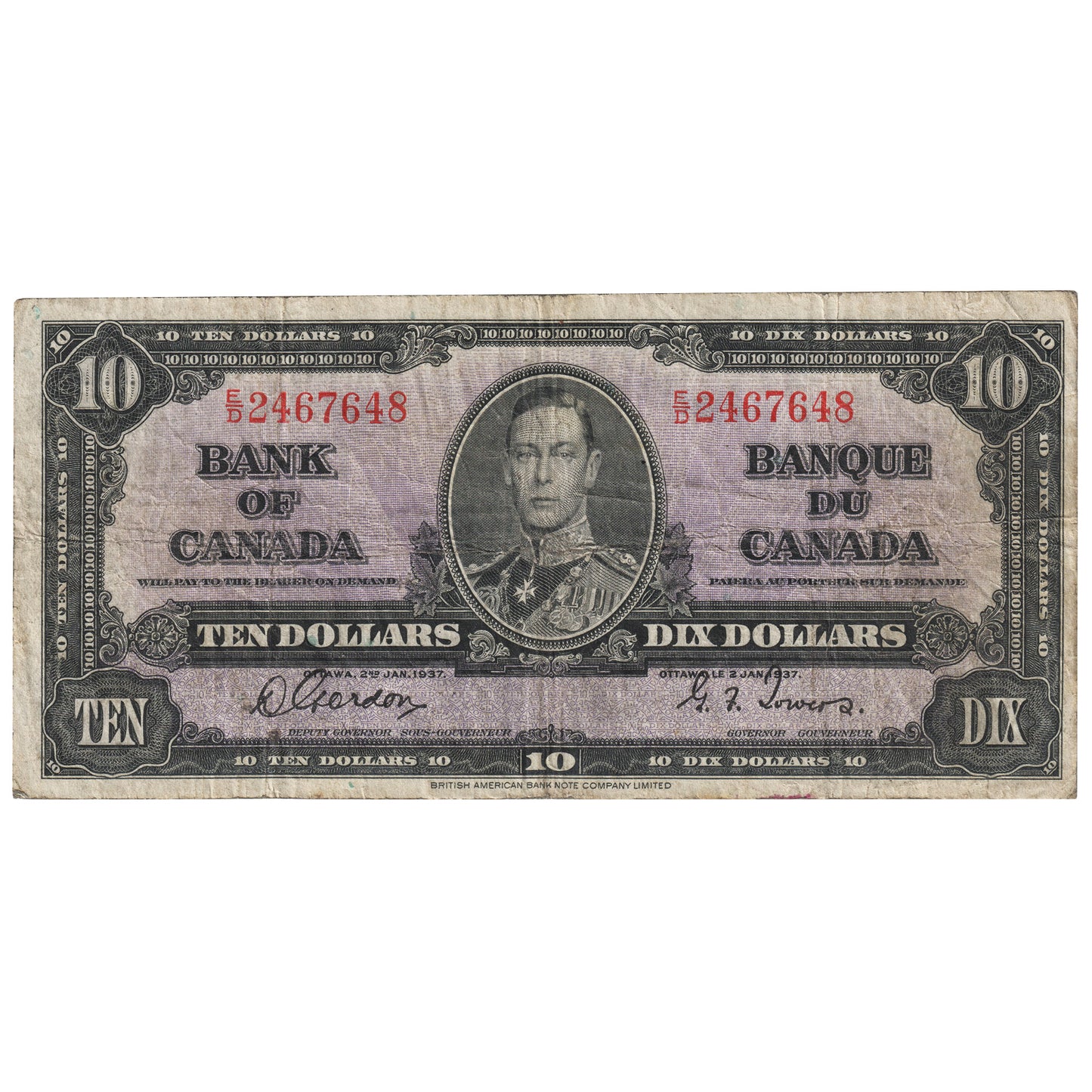 BC-24b 1937 Canada $10 Gordon-Towers, E/D, VG-F (VG10)
