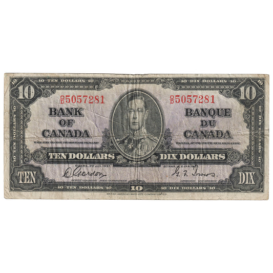 BC-24b 1937 Canada $10 Gordon-Towers, O/D, VG-F