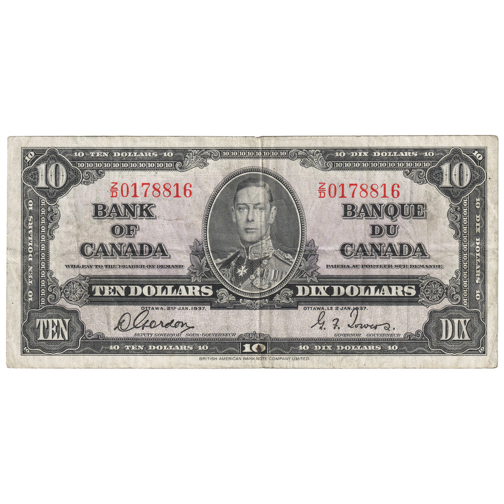 BC-24b 1937 Canada $10 Gordon-Towers, Z/D, F-VF (F15)