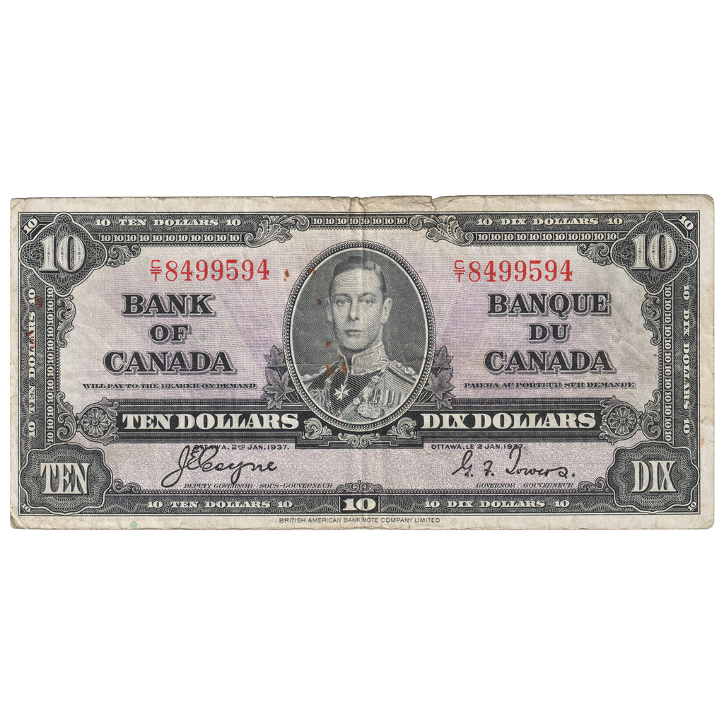 BC-24c 1937 Canada $10 Coyne-Towers, C/T, Circulated
