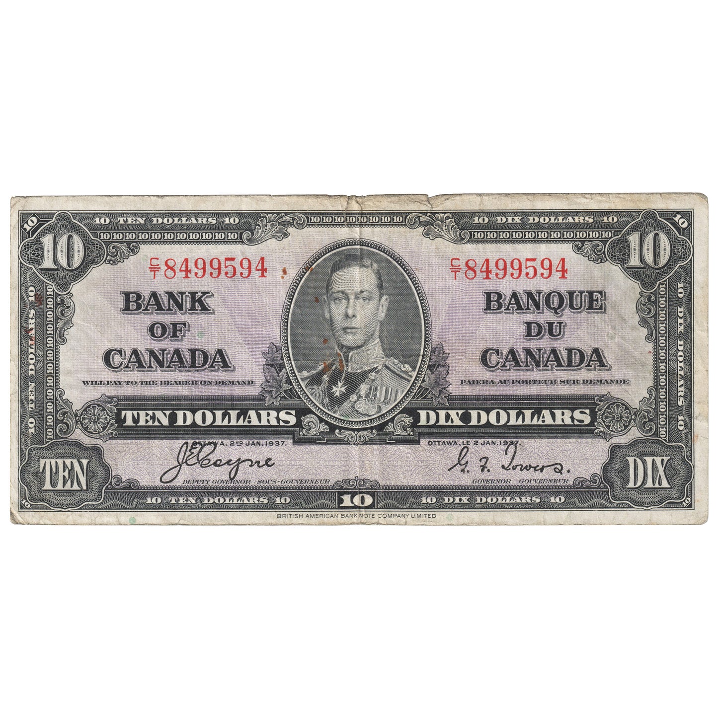 BC-24c 1937 Canada $10 Coyne-Towers, C/T, Circulated