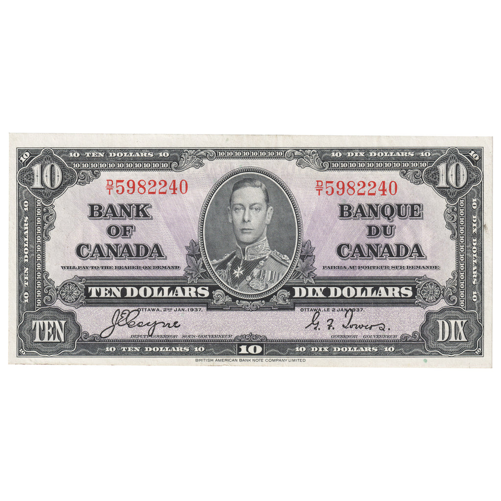 BC-24c 1937 Canada $10 Coyne-Towers, D/T, AU-UNC