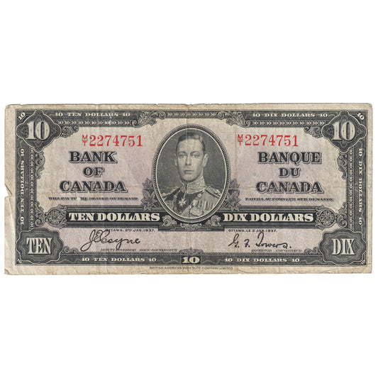 BC-24c 1937 Canada $10 Coyne-Towers, M/T, Circulated