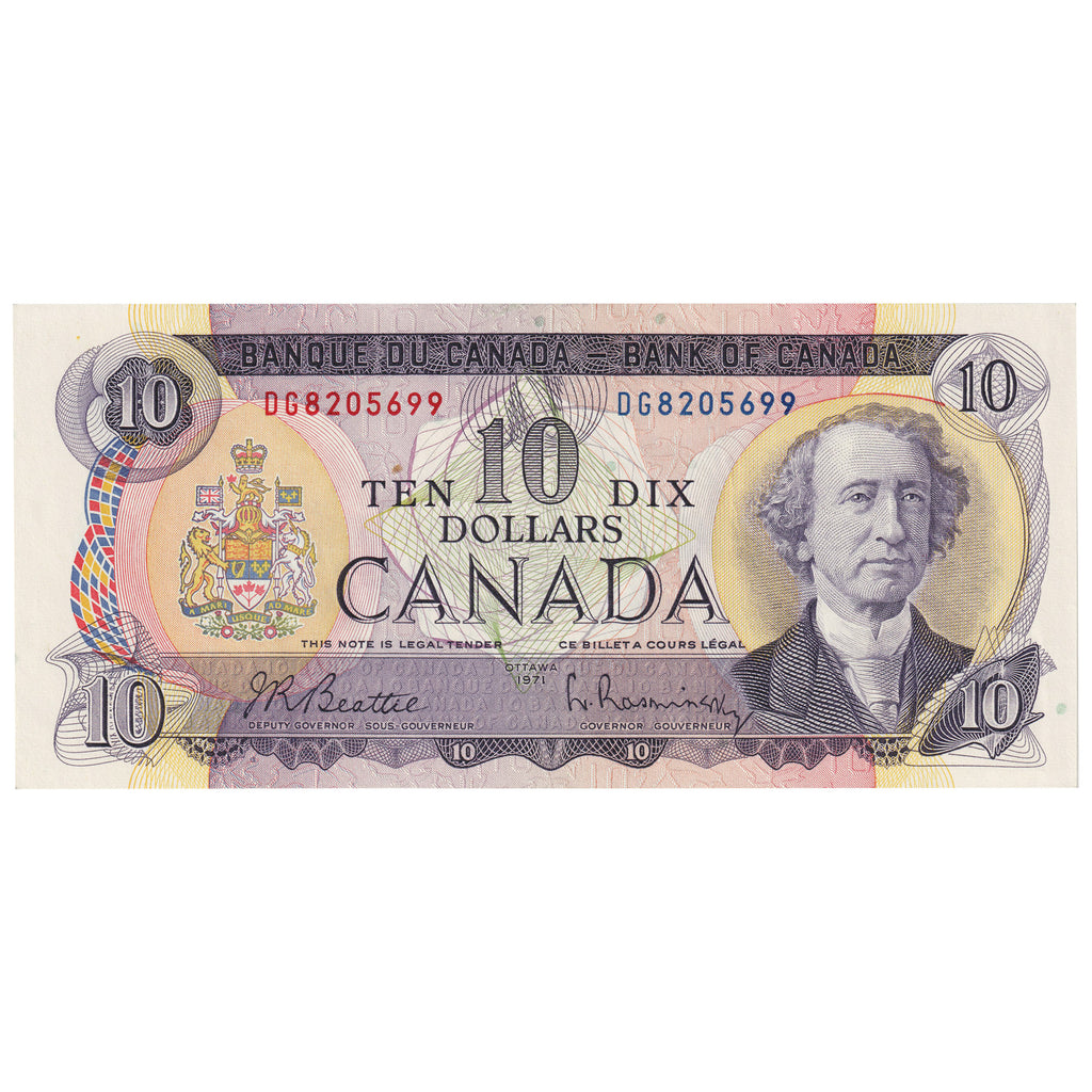 BC-49a 1971 Canada $10 Beattie-Rasminsky, DG, AU-UNC (AU55)