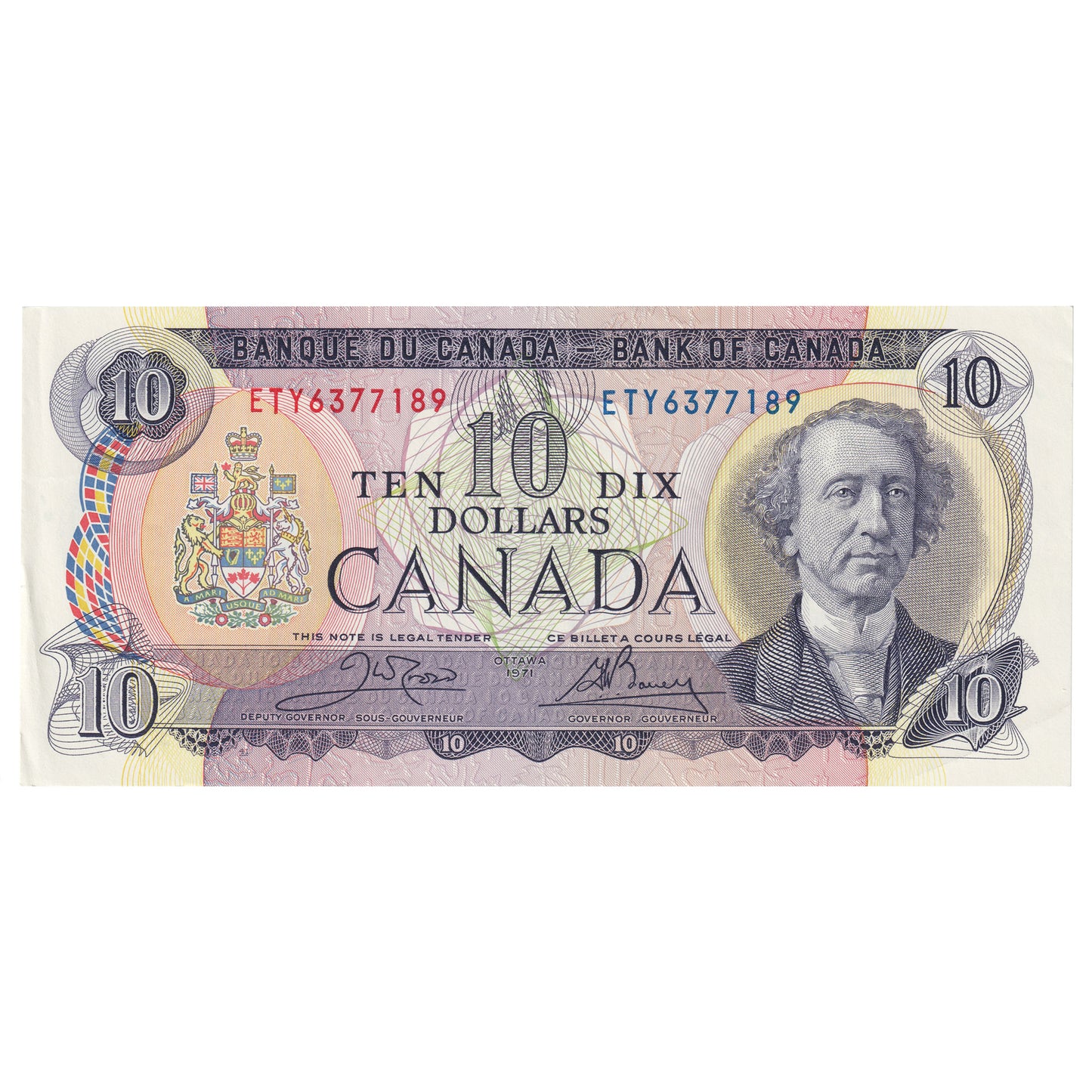 BC-49d 1971 Canada $10 Crow-Bouey, ETY, Almost Uncirculated (AU50)