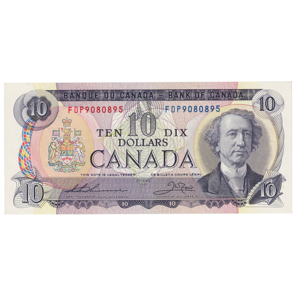 BC-49e 1971 Canada $10 Thiessen-Crow, FDP, Almost Uncirculated (AU50)