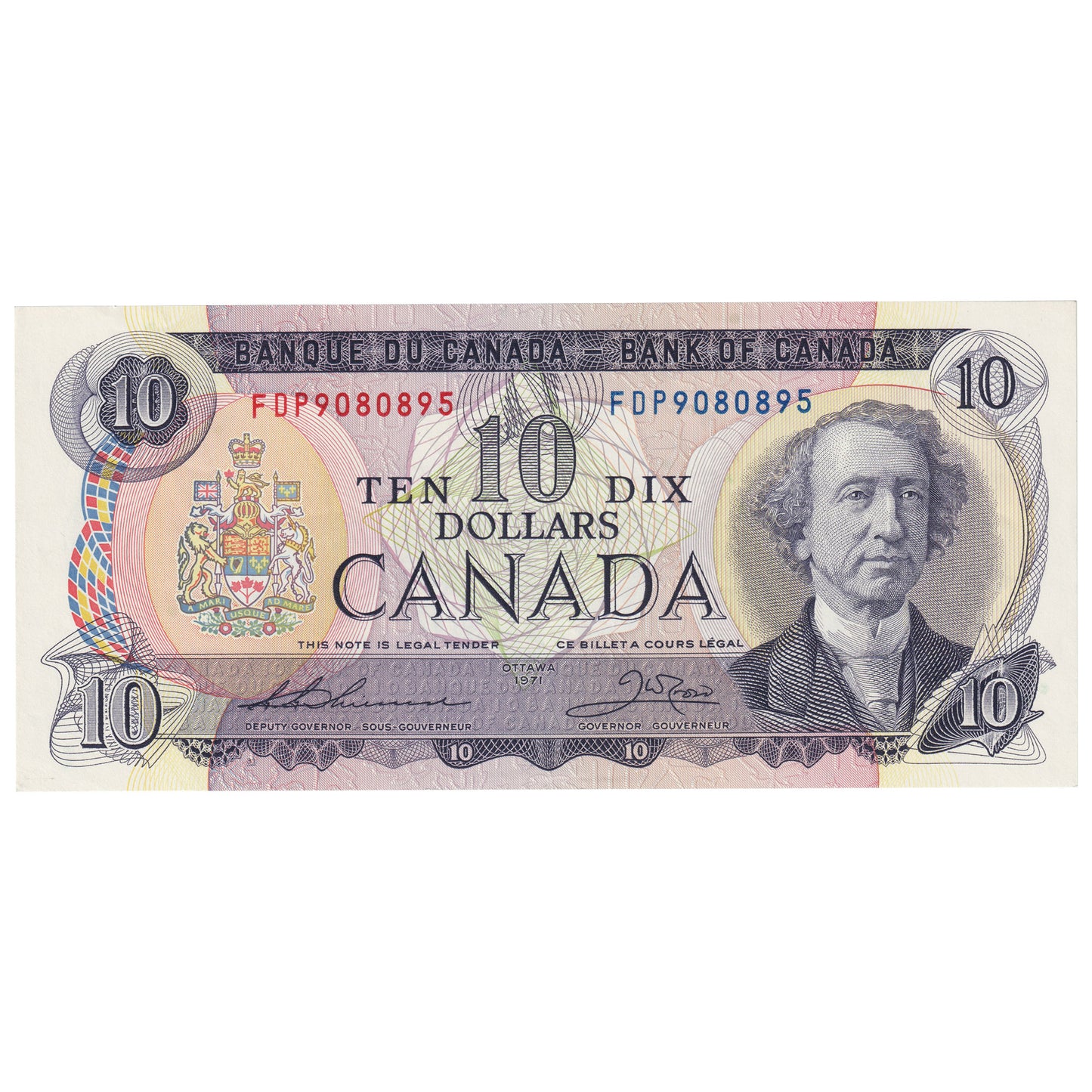 BC-49e 1971 Canada $10 Thiessen-Crow, FDP, Almost Uncirculated (AU50)