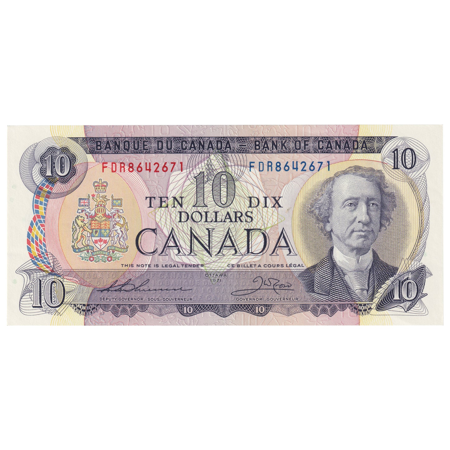 BC-49e 1971 Canada $10 Thiessen-Crow, FDR, Almost Uncirculated (AU50)