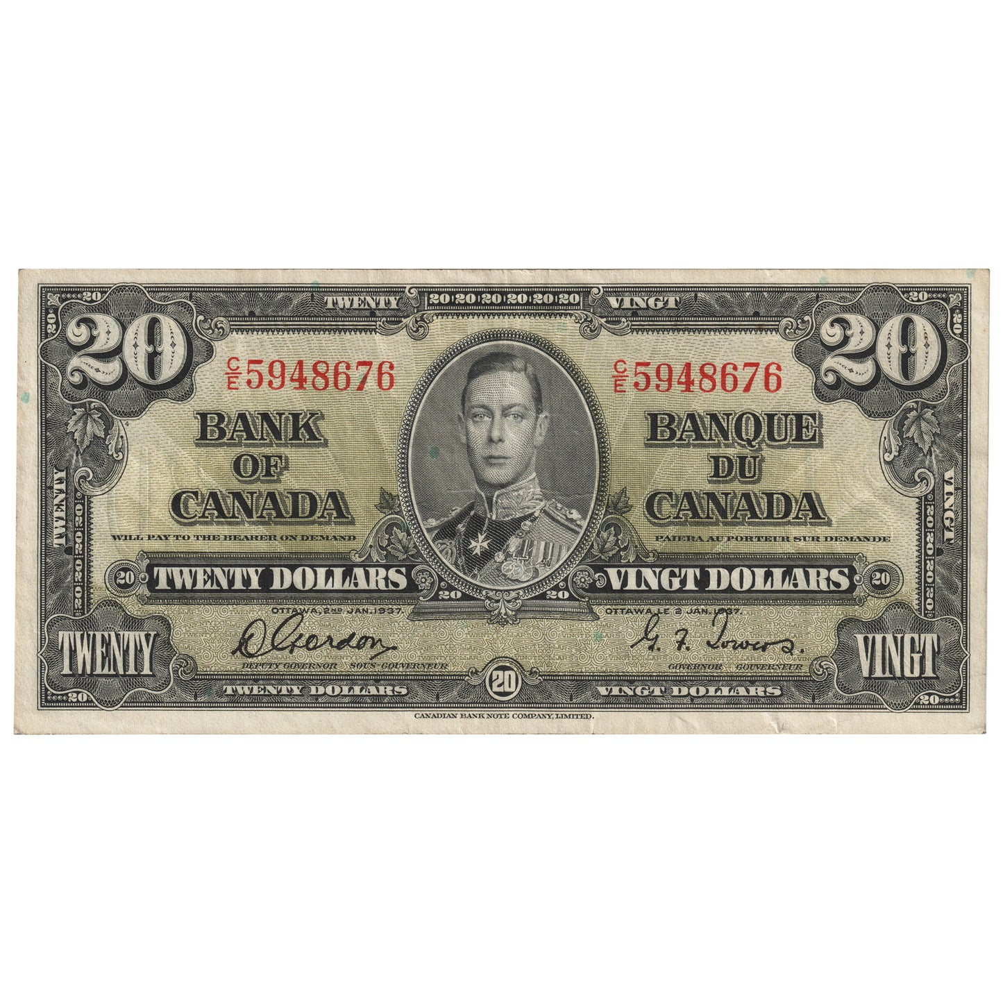 BC-25b 1937 Canada $20 Gordon-Towers, C/E, EF-AU