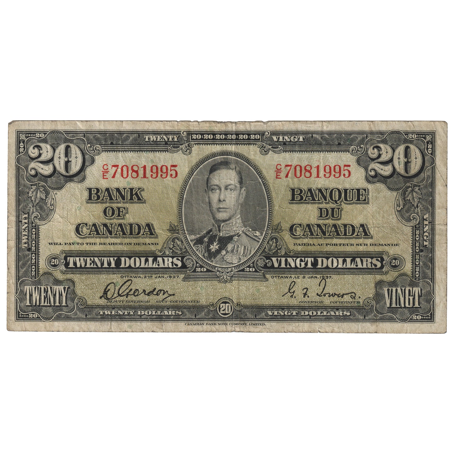 BC-25b 1937 Canada $20 Gordon-Towers, C/E, VG-F (VG10)