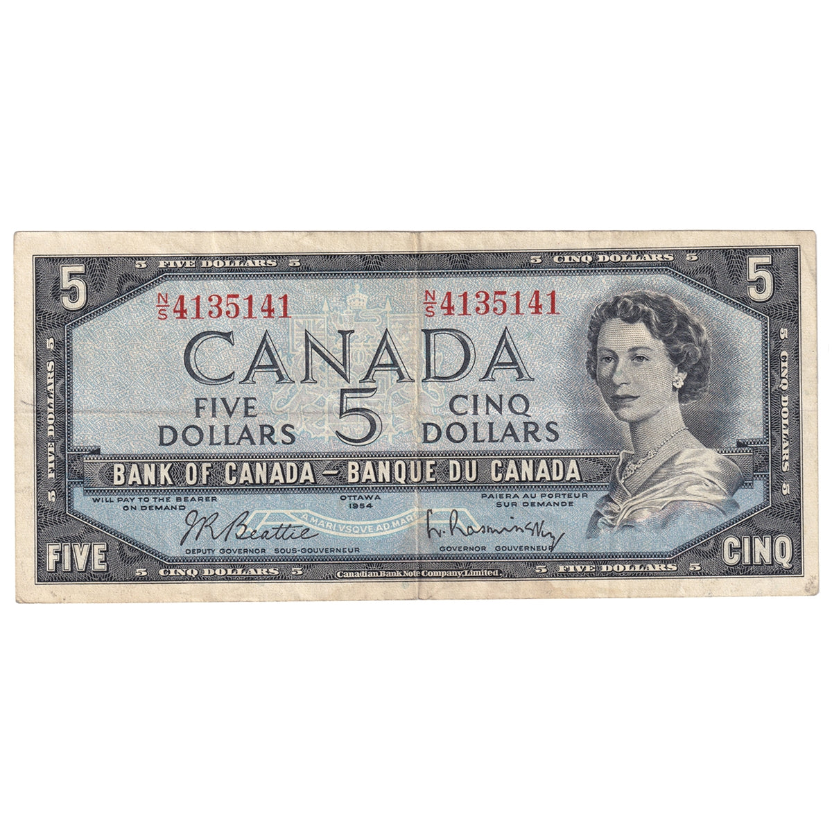 BC-39b 1954 Canada $5 Beattie-Rasminsky, N/S, VF-EF