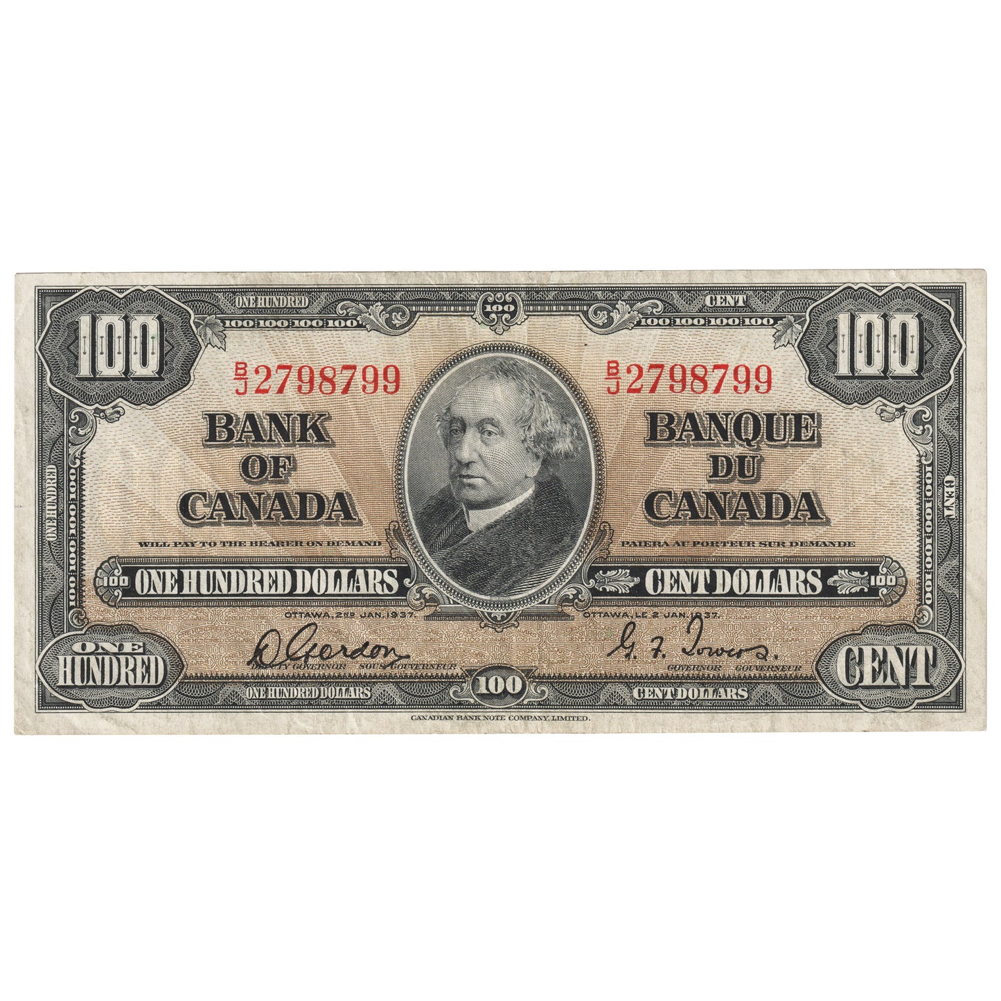 BC-27b 1937 Canada $100 Gordon-Towers, B/J, EF