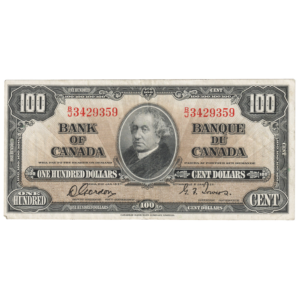 BC-27b 1937 Canada $100 Gordon-Towers, B/J, VF-EF (VF30)