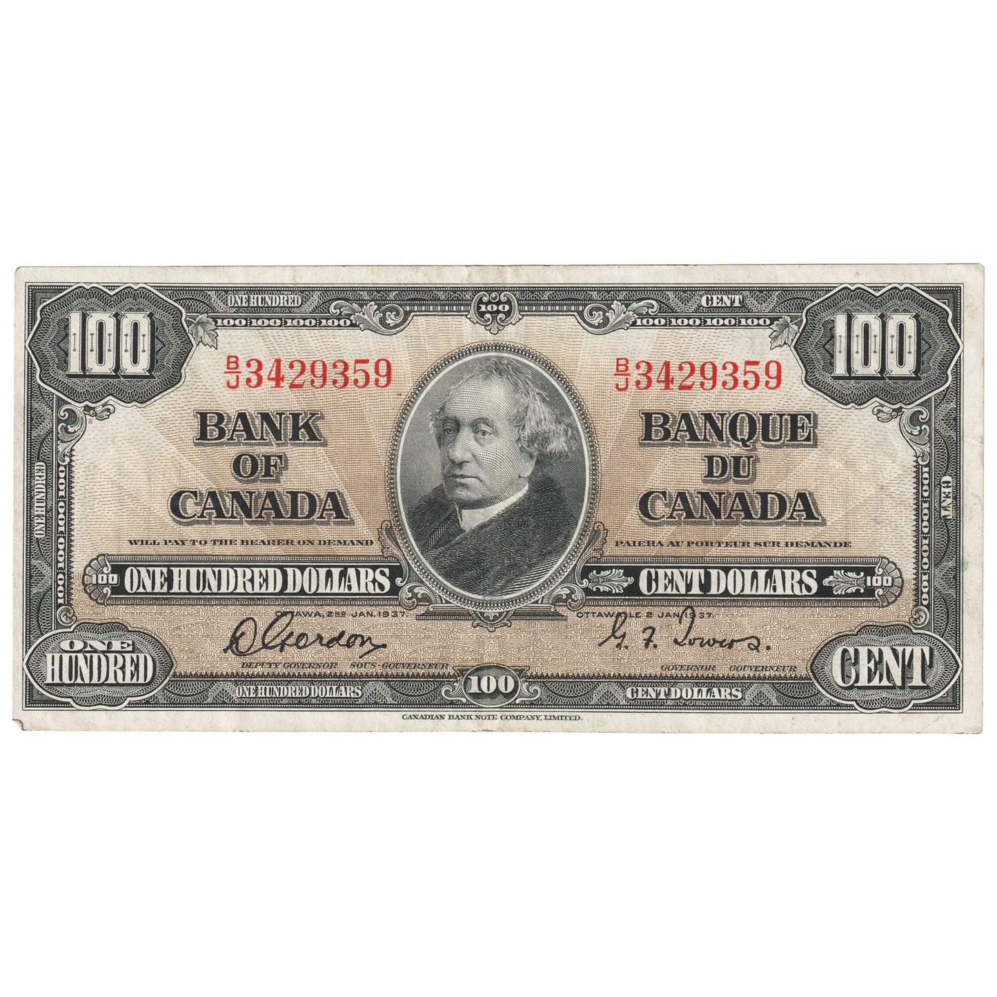 BC-27b 1937 Canada $100 Gordon-Towers, B/J, VF-EF (VF30)