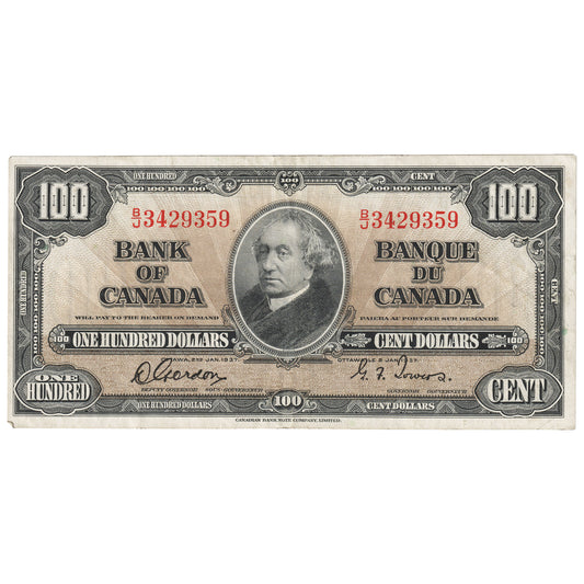 BC-27b 1937 Canada $100 Gordon-Towers, B/J, VF-EF