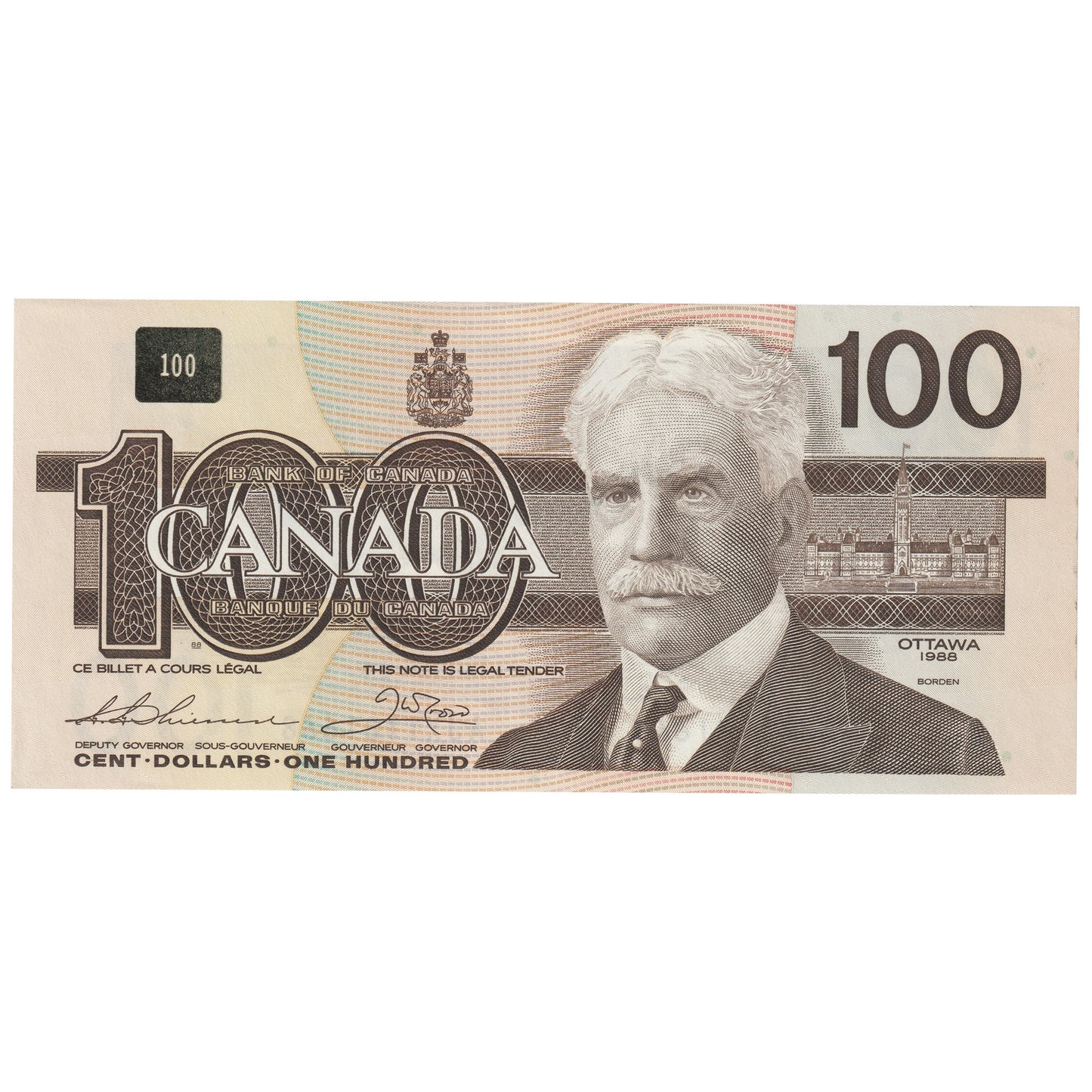 BC-60aA 1988 Canada $100 Thiessen-Crow, AJX, Hidden BPN, AU-UNC