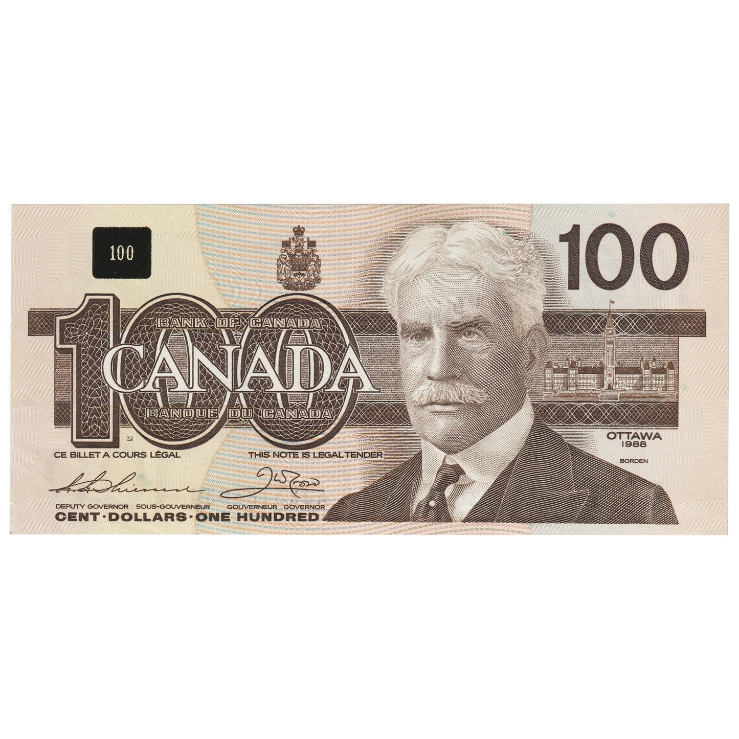 BC-60aA-i 1988 Canada $100 Thiessen-Crow, AJX, Clear BPN, Almost Uncirculated (AU50)