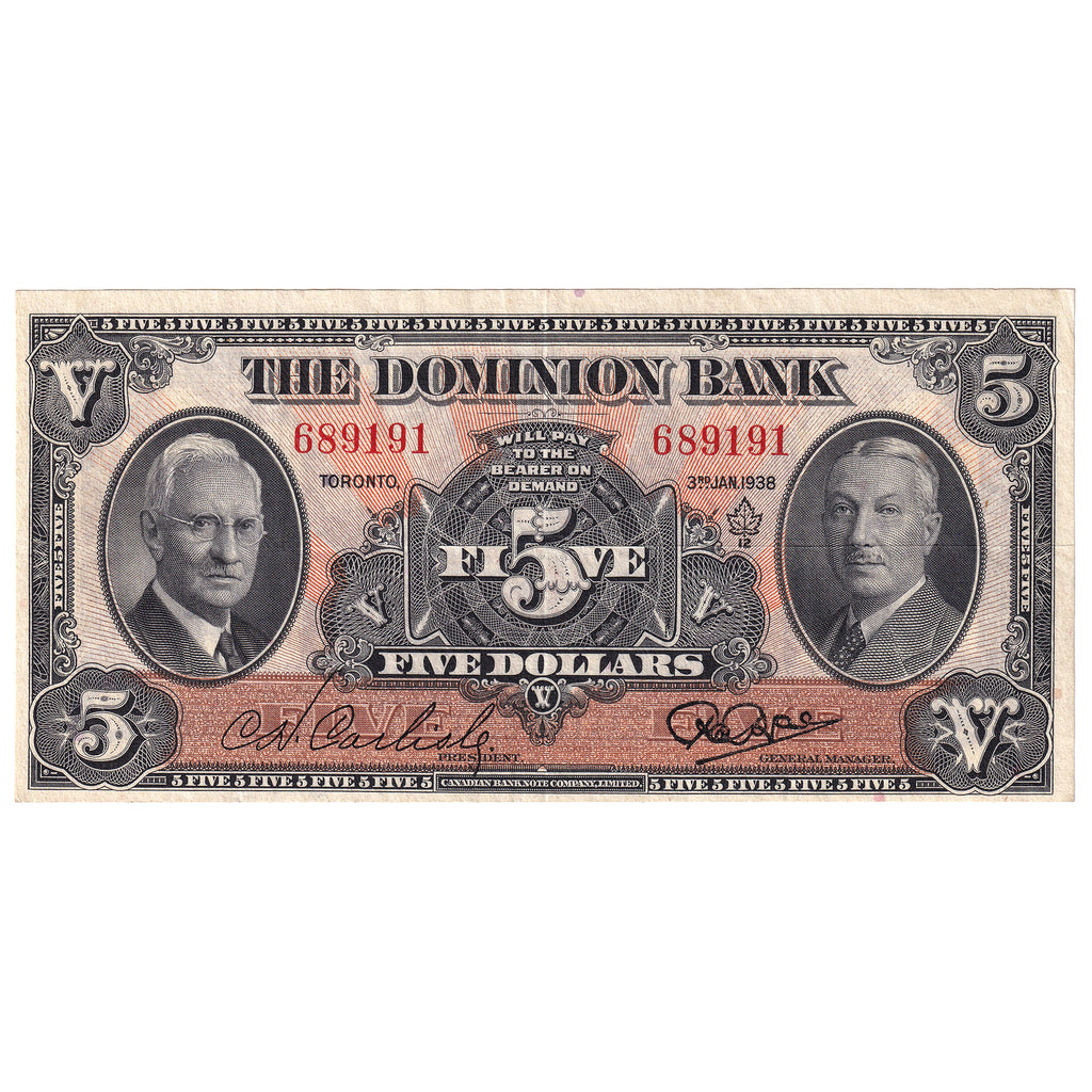 220-28-02 1938 Dominion Bank $5 Carlisle-Rae, VF-EF (VF30)