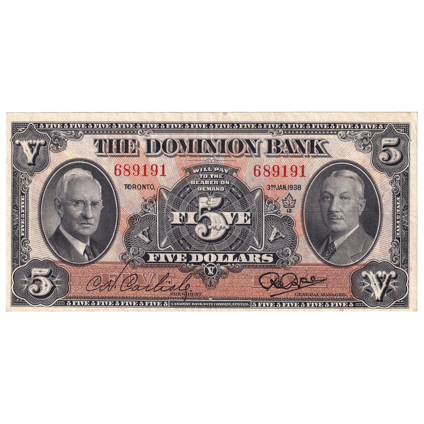 220-28-02 1938 Dominion Bank $5 Carlisle-Rae, VF-EF (VF30)