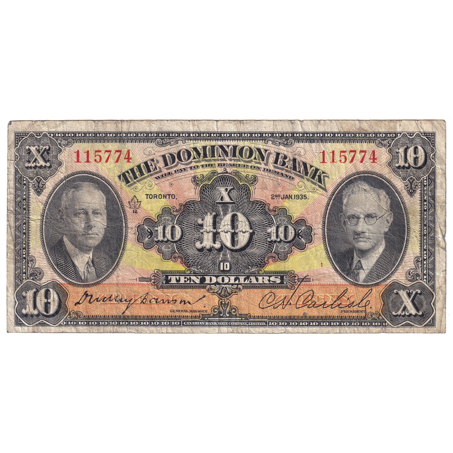 220-26-04 1935 Dominion Bank $10 Dawson-Carlisle, VG-F (VG10)