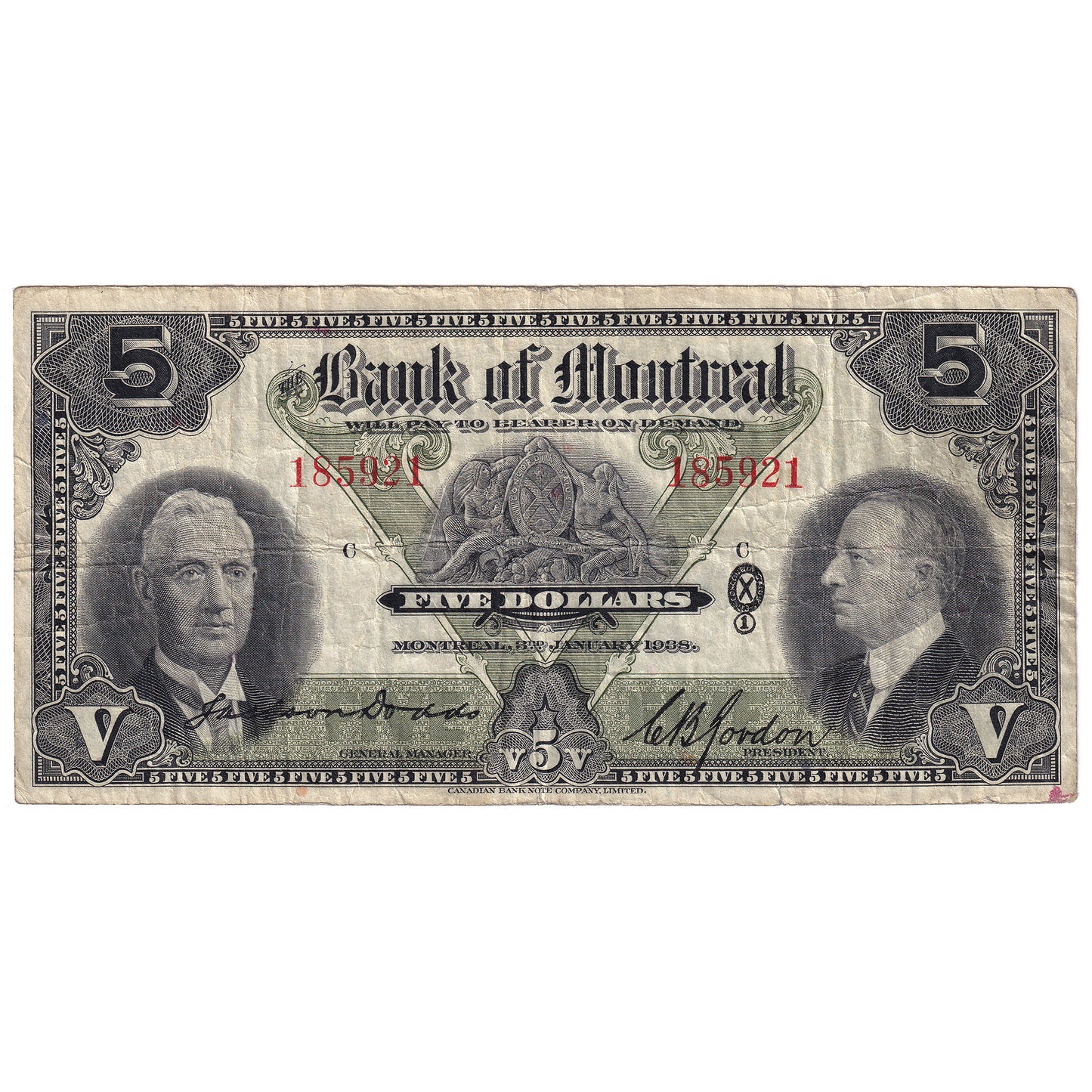 505-62-02 1938 Bank of Montreal $5 Dodds-Gordon, F-VF