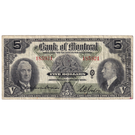 505-62-02 1938 Bank of Montreal $5 Dodds-Gordon, F-VF