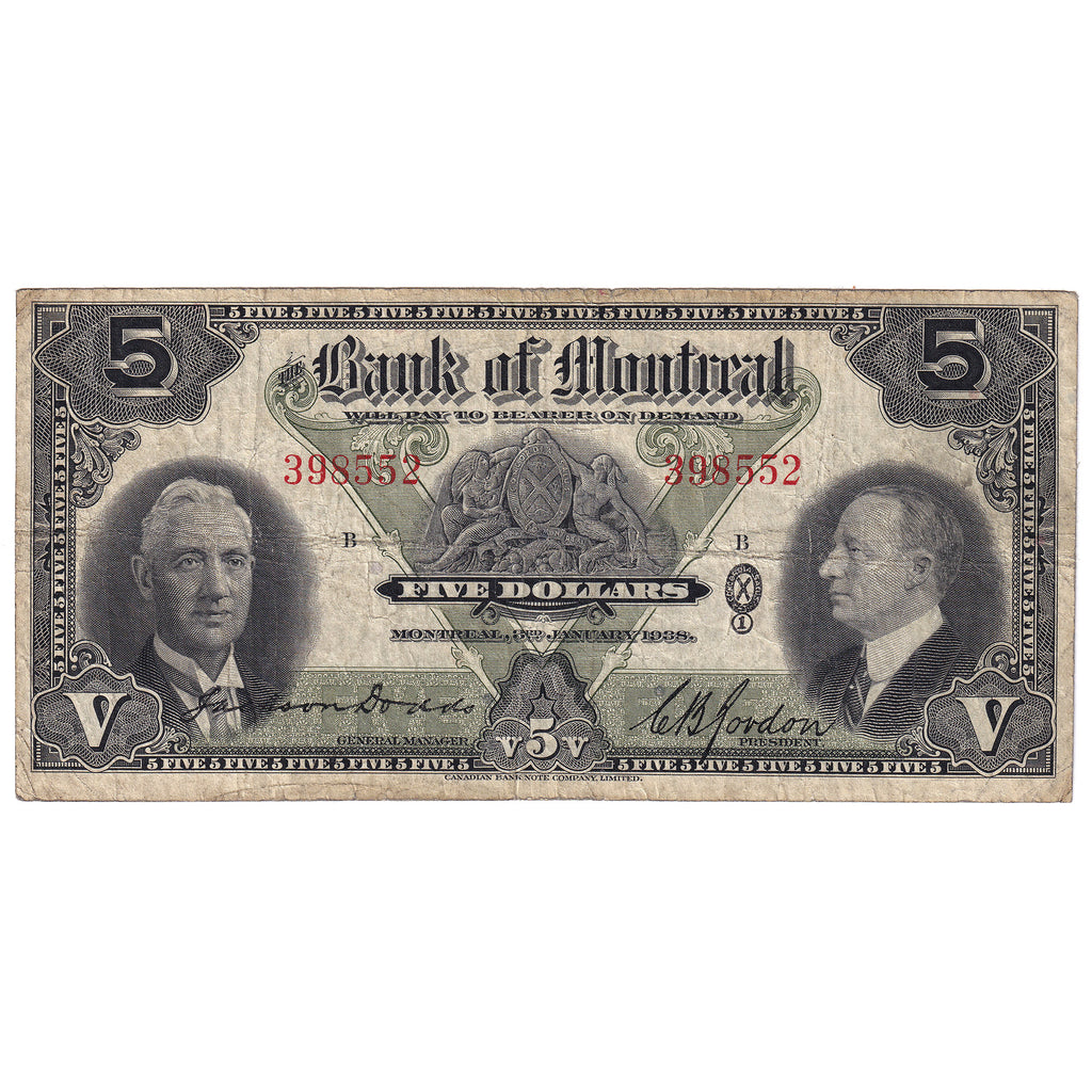 505-62-02 1938 Bank of Montreal $5 Dodds-Gordon, VG-F (VG10)