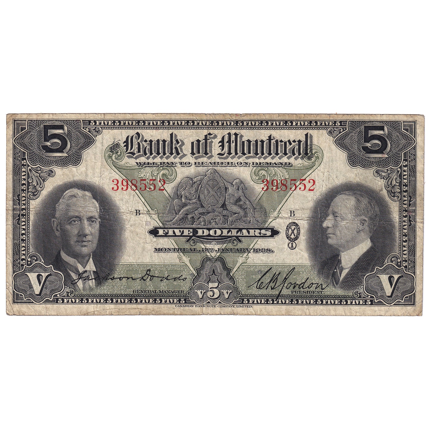 505-62-02 1938 Bank of Montreal $5 Dodds-Gordon, VG-F (VG10)