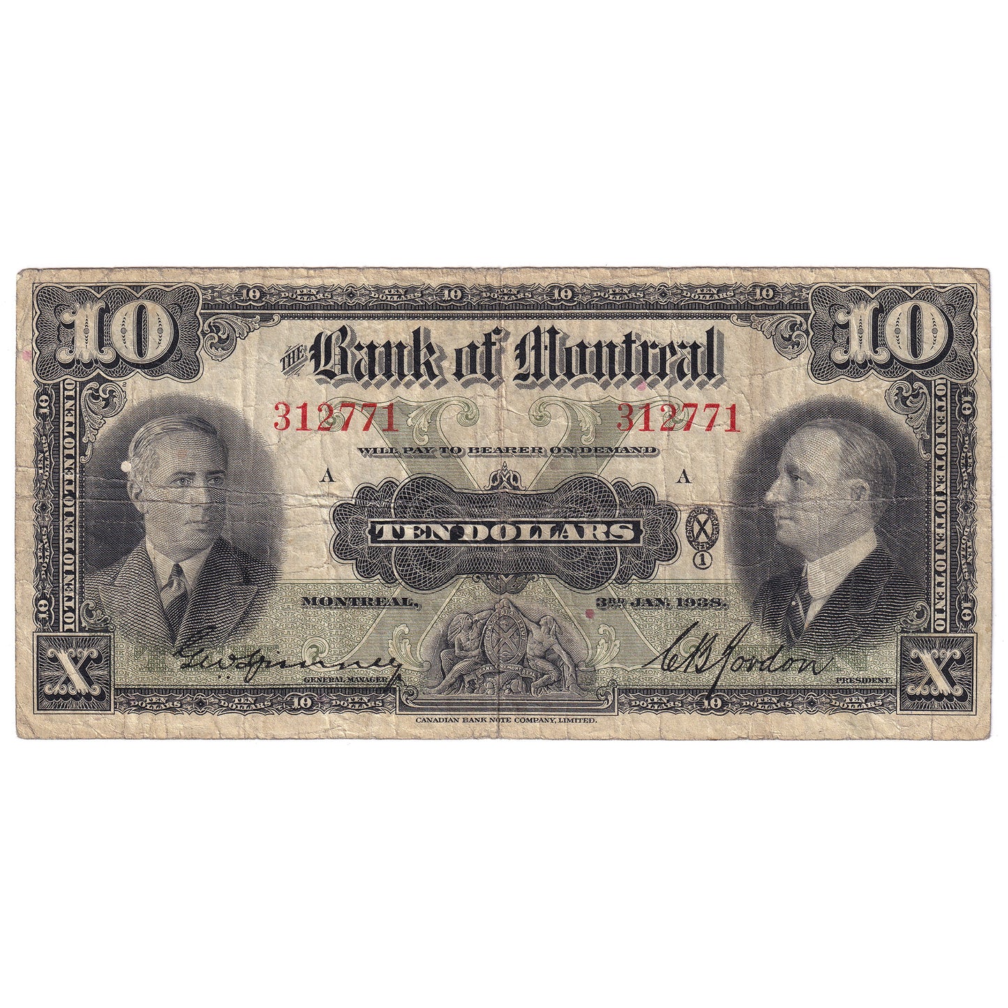 505-62-04 1938 Bank of Montreal $10 Spinney-Gordon, Very Good (VG8)