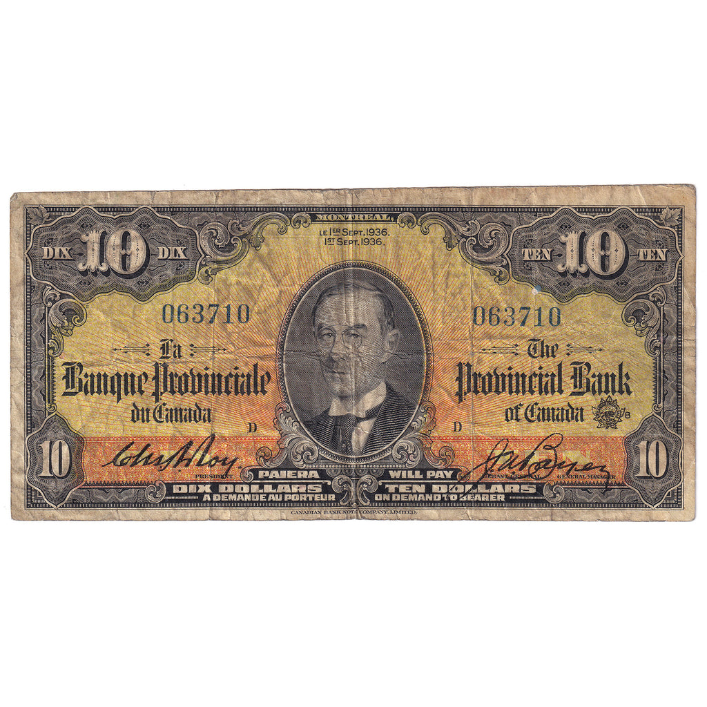 615-18-06 1936 La Banque Provinciale du Canada $10 Roy-Boyer, Orange Back, VG-F (VG10)