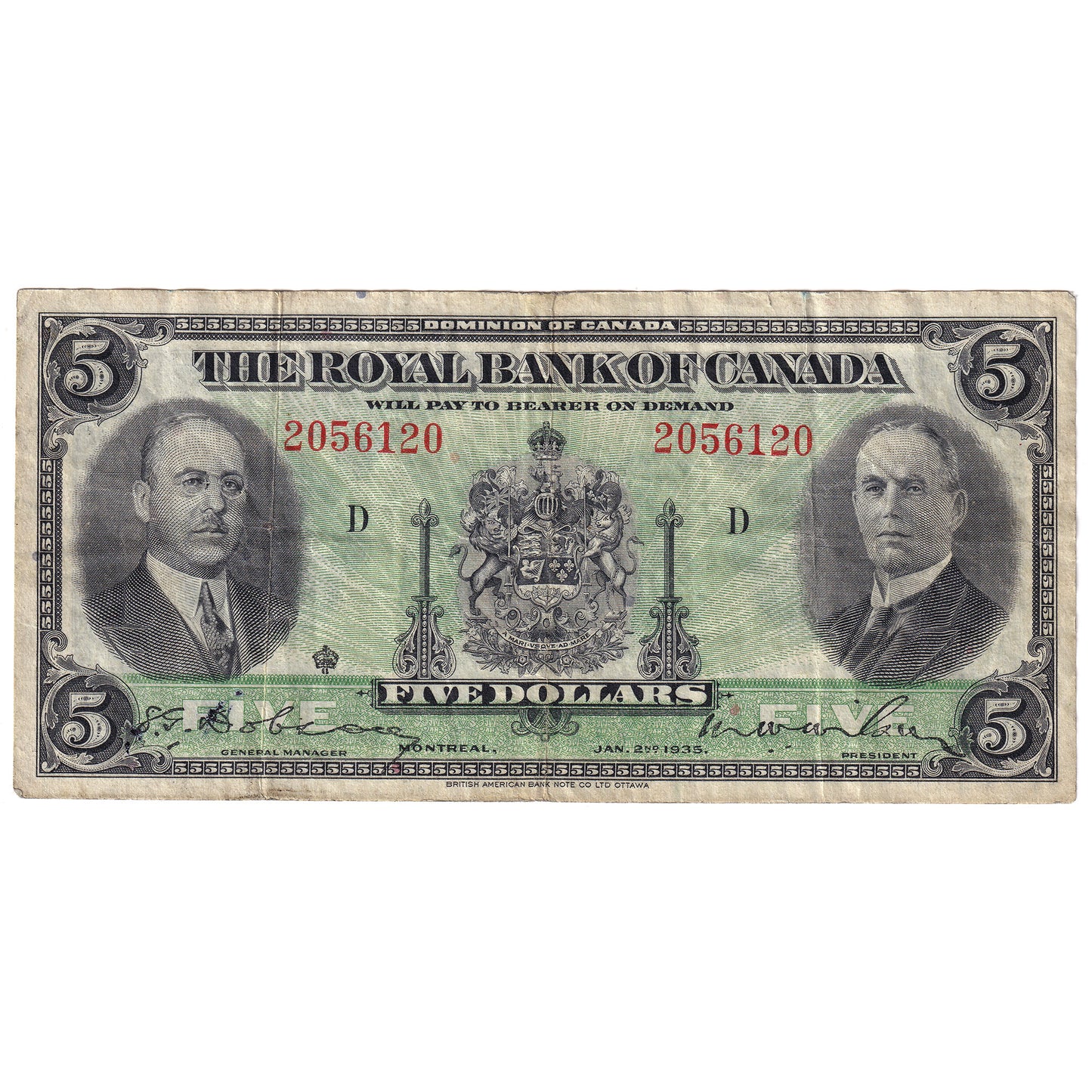 630-18-02a 1935 Royal Bank of Canada $5 Dobson-Wilson, Large Signatures, VF