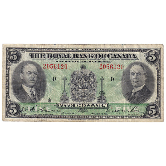 630-18-02a 1935 Royal Bank of Canada $5 Dobson-Wilson, Large Signatures, VF