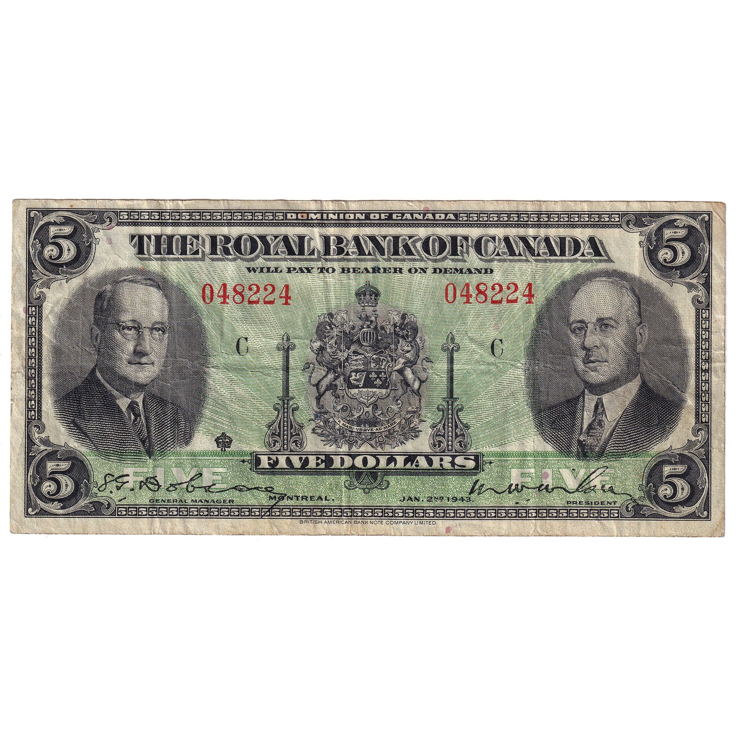 630-20-02 1943 Royal Bank of Canada $5 Dobson-Wilson, VF