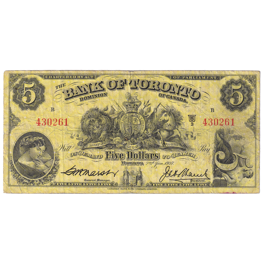 715-24-06 1937 Bank of Toronto $5 Marsh-Lamb, Fine (F12)