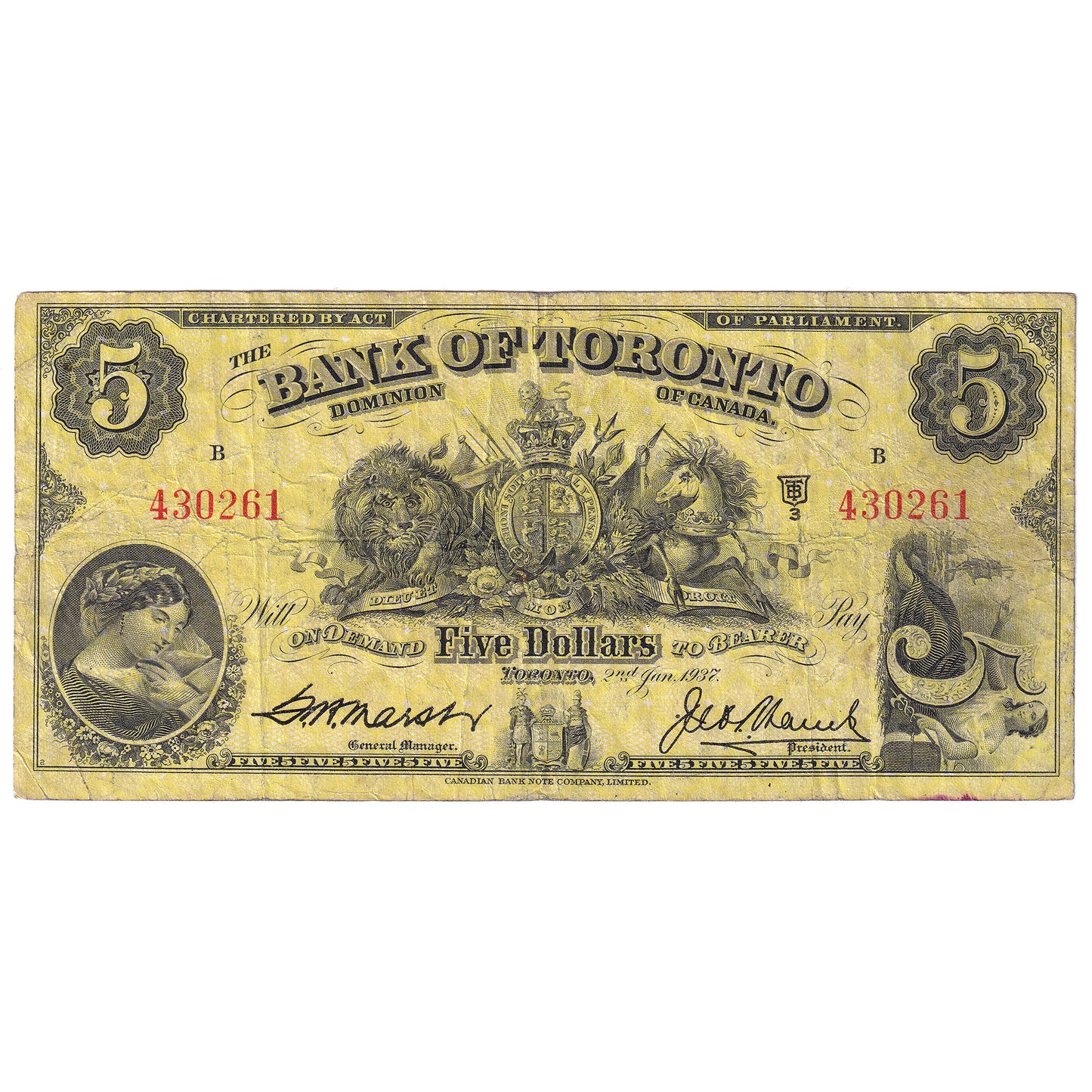 715-24-06 1937 Bank of Toronto $5 Marsh-Lamb, Fine (F12)
