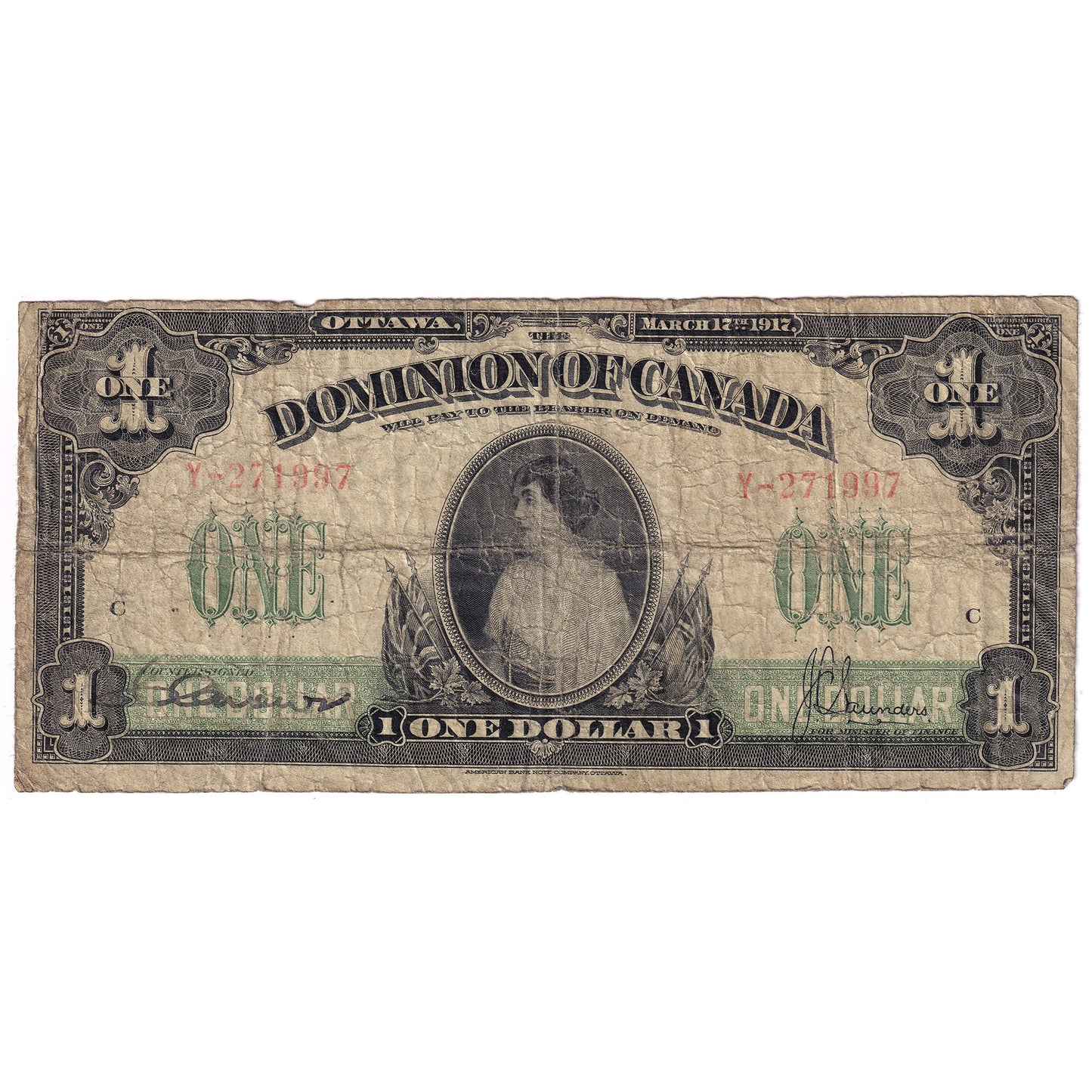 DC-23b 1917 Dominion $1 Various-Saunders, No Seal, Series Y, Good (G4)