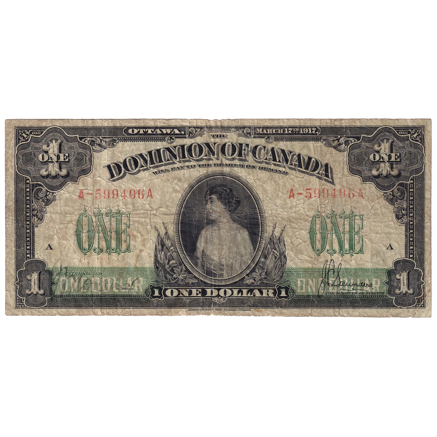 DC-23b-i 1917 Dominion $1 Various-Saunders, No Seal, Series A, F-VF