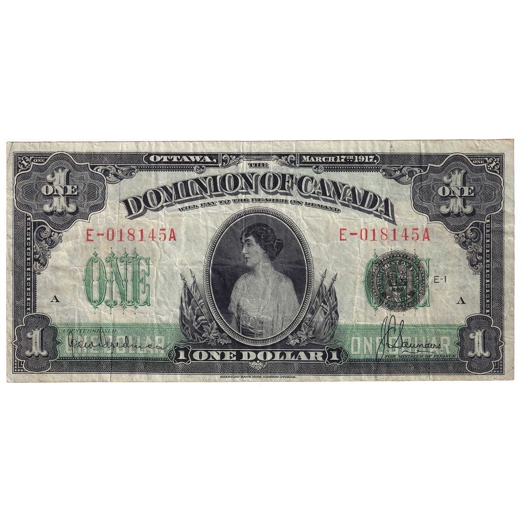 DC-23c 1917 Dominion $1 Hyndman-Saunders, Seal Over ONE, Series E, Very Fine (VF20)