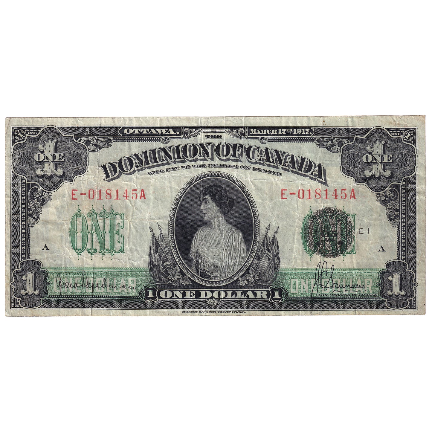 DC-23c 1917 Dominion $1 Hyndman-Saunders, Seal Over ONE, Series E, Very Fine (VF20)