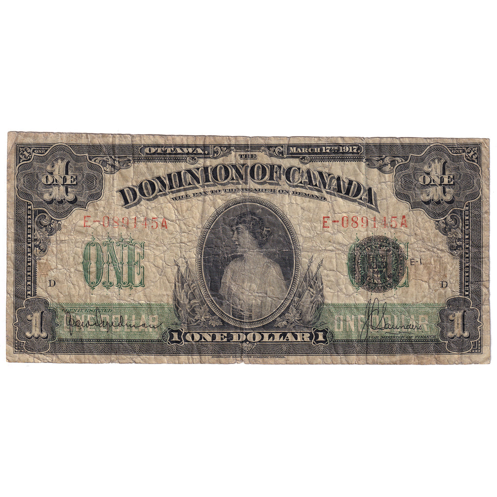 DC-23c 1917 Dominion $1 Hyndman-Saunders, Seal Over ONE, Series E, F