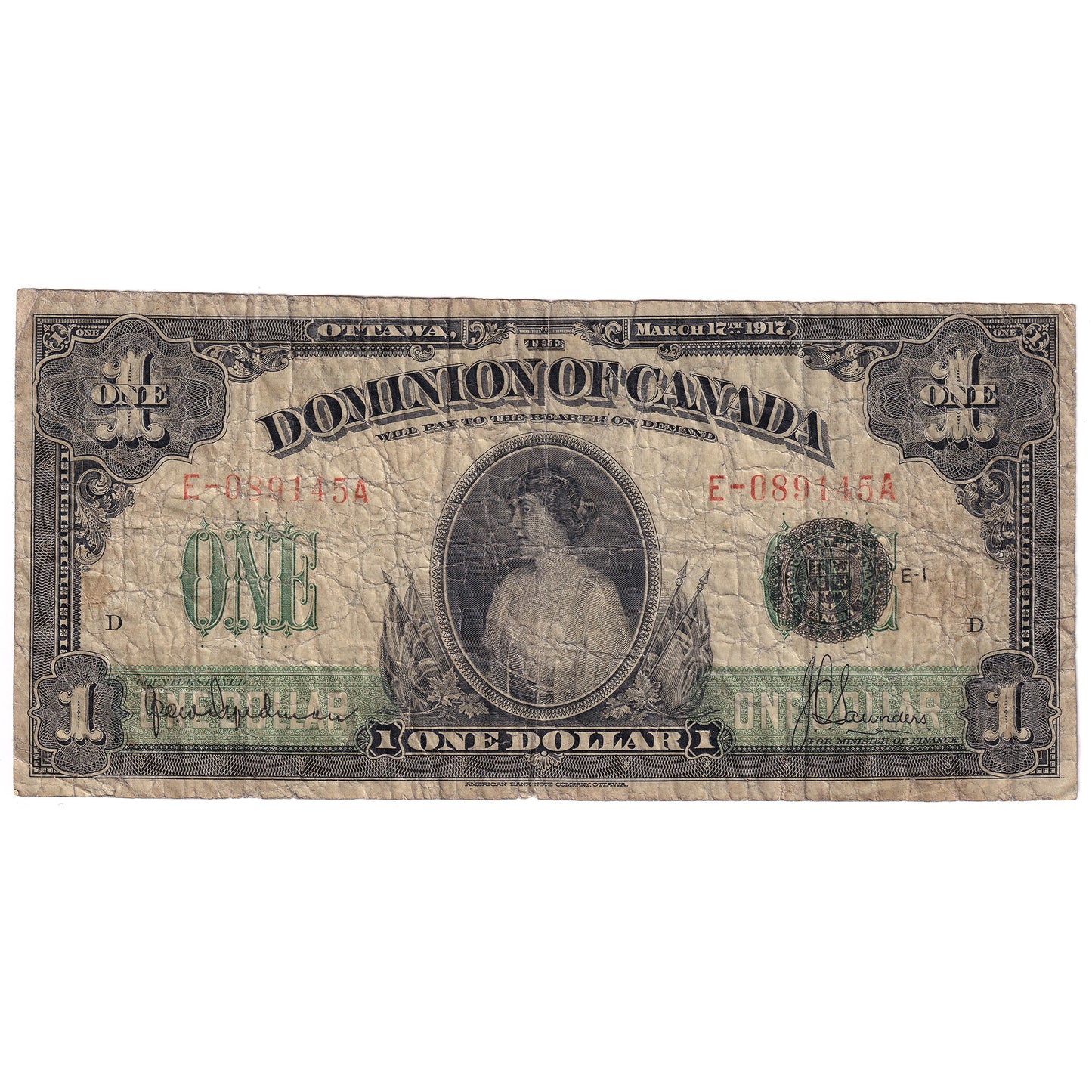 DC-23c 1917 Dominion $1 Hyndman-Saunders, Seal Over ONE, Series E, F