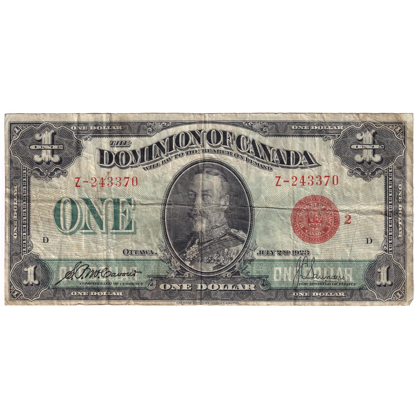DC-25g 1923 Dominion $1 McCavour-Saunders, Red Seal, Group 2, F-VF